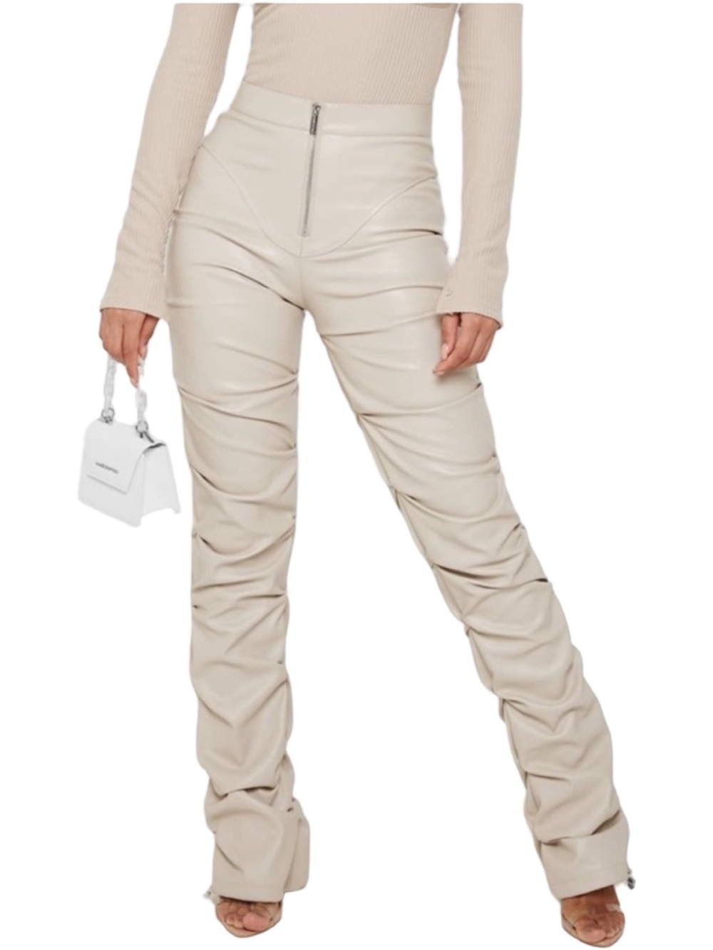 Maniere De Voir Cream Stacked High Waisted Vegan Leather Pants - NWT - Size 12